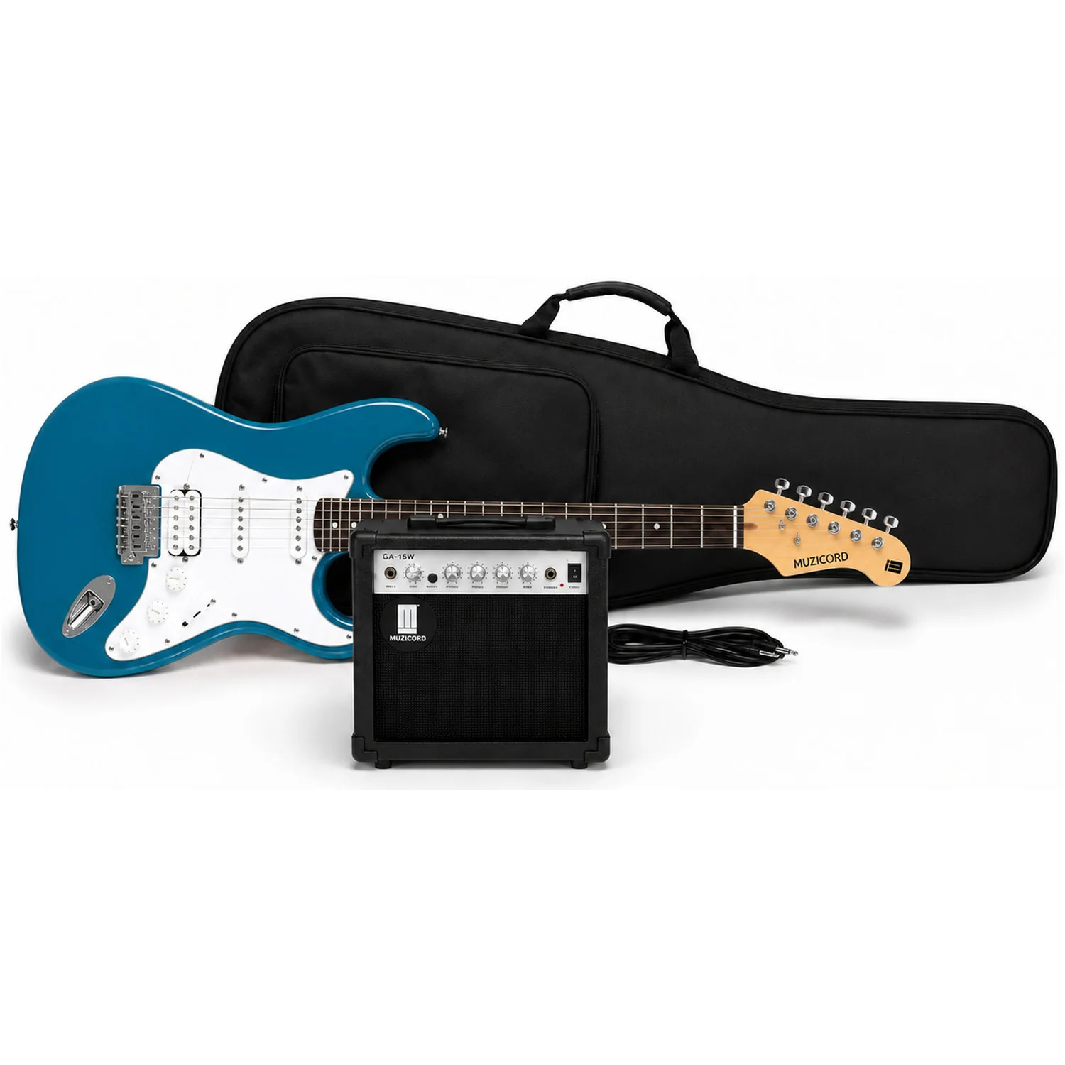Muzicord ST5 HSS MBL Ultimate Pro Electric Guitar Bundle - Metallic Blue - Padded Soft Case and Cable — Ready to Pack and Plug In at Ragtime Lebanon